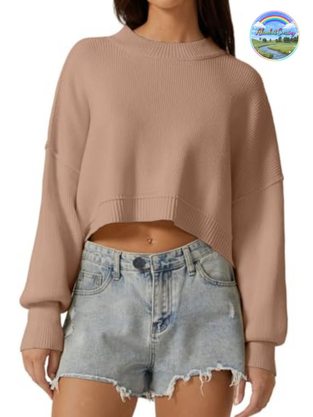 Women's Mock Neck Cropped Sweater Long Sleeve Drop Shoulder Oversized Knit